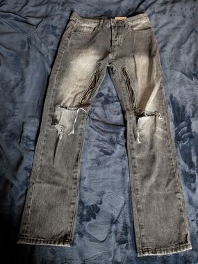 mnml Men's Gray Distressed Denim Jeans Slim Fit 5-Pocket Button Zip
